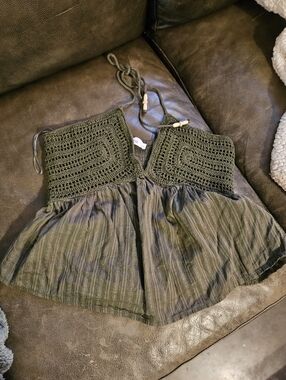 MNG MANGO Sage Green Cotton, Crochet Halter Top Size Small